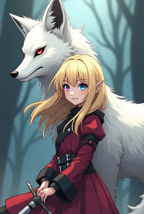 A girl who comes from an animated blonde with a blue eye and a purple eye with a sword that she holds in heights and behind her a giant white fox with red and black eyes with a ton of death behind her in the background 