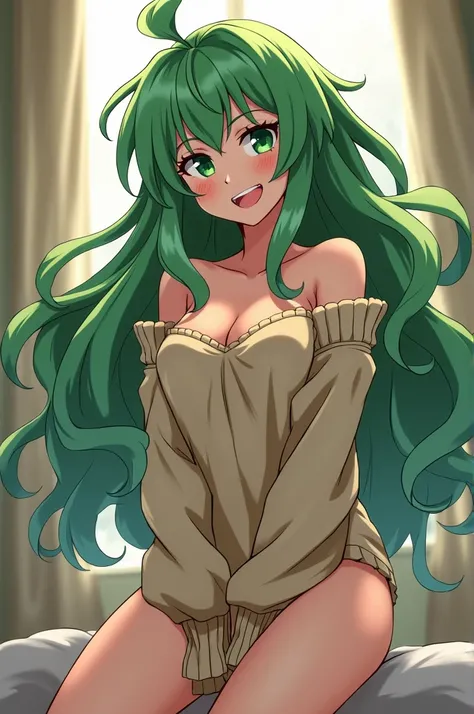 Tatsumaki, long green hair, no pants, only sweater, horny, smiling, 