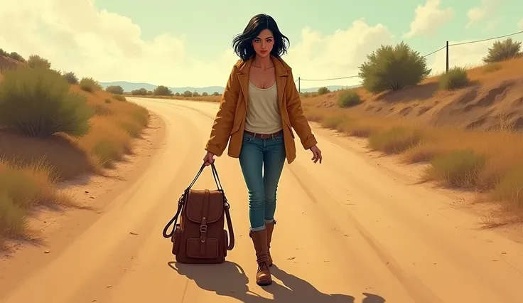 ilustration:Ana, a 30-year-old woman with short black hair, finds a leather bag on the dusty road.