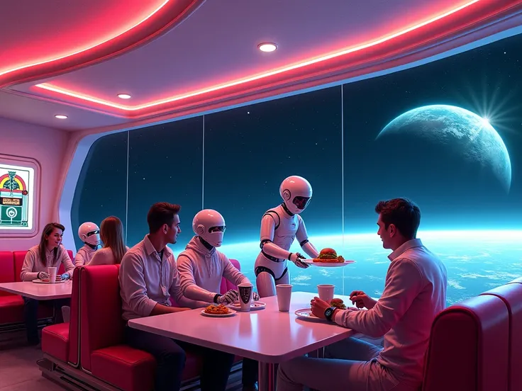 "A futuristic diner floating in the vastness of space, with neon lights glowing brightly against the dark backdrop of stars. Inside, customers in spacesuits are seated at booths, sipping space coffee from sleek, high-tech mugs. One booth has a holographic ...