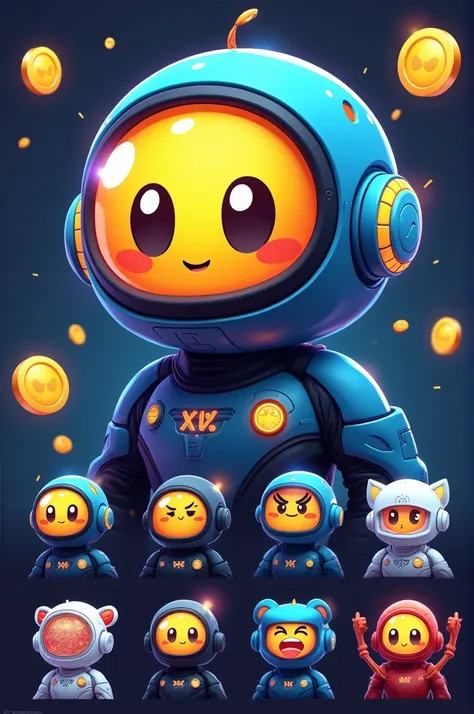 Create a futuristic avatar, fun and attention-grabbing for a new memecoin BOSS ,  incorporating your unique symbol .  Create a single high-quality image with the fun and attention-grabbing avatar ,  along with a collection of 5 to 7 emojis that visually re...