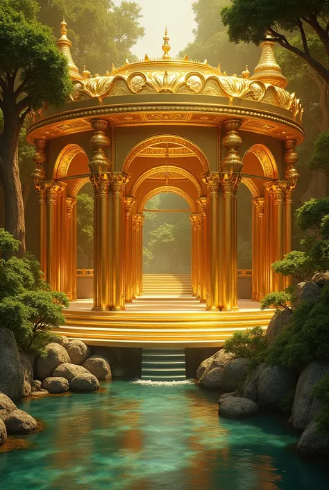 Paradise with a very luxurious room plated with gold and rivers running underneath it 