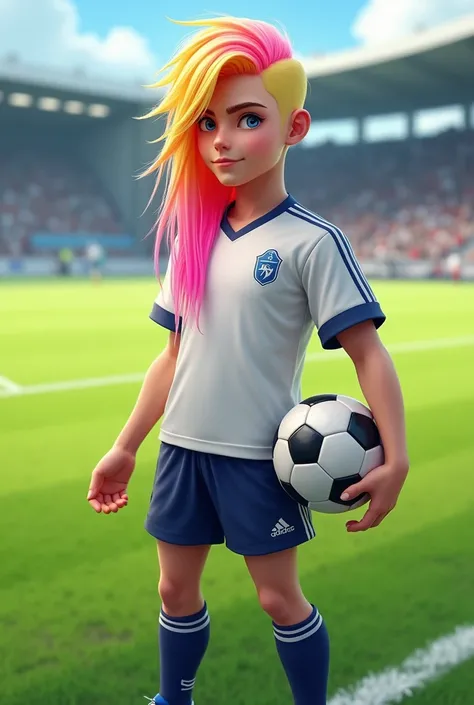 a young man with long straight hair, he has blond hair with a pink streak, he is wearing a soccer player outfit