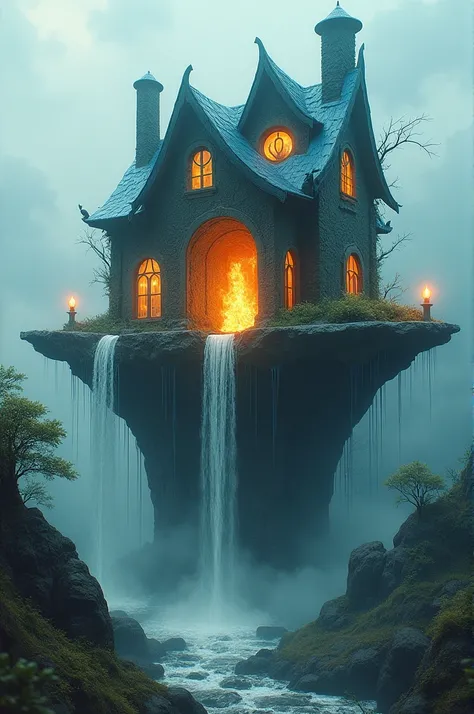 Create a house with water on top and with fire inside