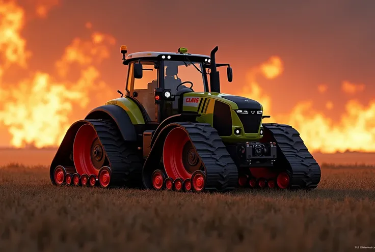 Farming simulator 2025 tractor ultra realistic Farming simulator CLAAS xerion brand on the front and all tracked wheels with red insides with fire on the background while plowing the field 