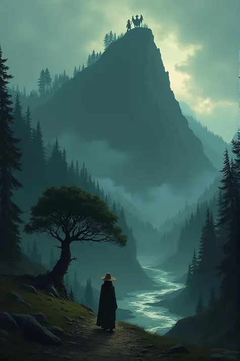 Dark Fantasy.  A small village next to a large dark forest ,  that reflects the oppressive atmosphere .  Next to the forest, you can see a huge mountain with sharp high slopes , . You can see humanoid dragons at the very top ,  but only their small silhoue...