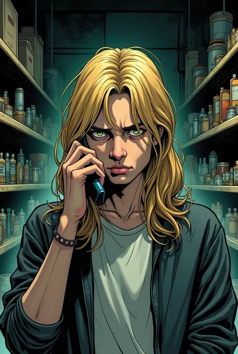 an 18-year-old young man with very long blond hair below the shoulder and green eyes was standing in a store talking on the phone with an unhappy face in the style of a horror comic 