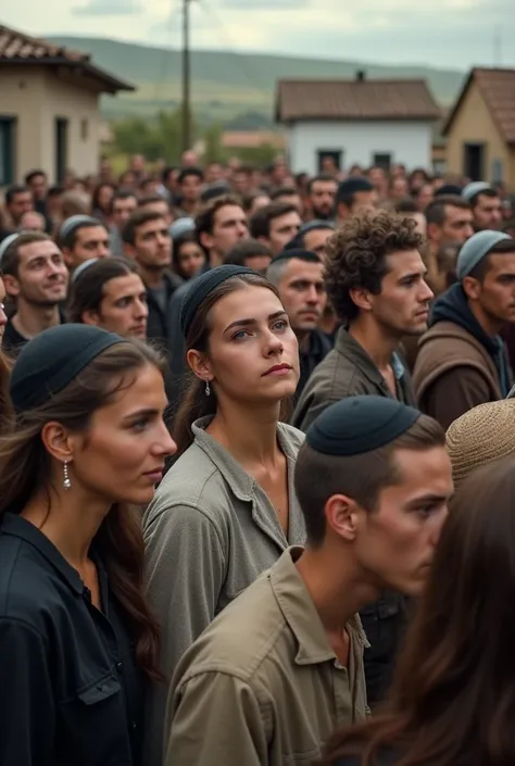 Realistic photo of a large group of Jewish men and Jewish women gathered in their 20s in a Jewish village focusing on their faces