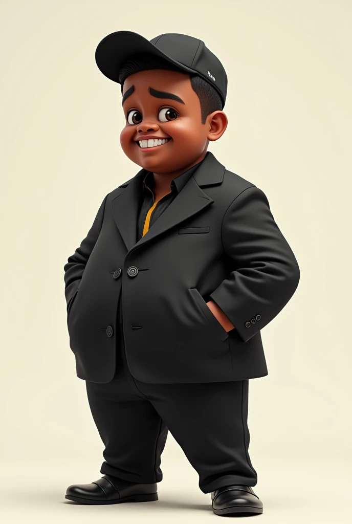 Big suit  a boy with swag a cap behind his head  a black  boy not handsome  animated African 