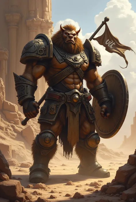 Make me a photo of Raynor, hero of StarCraft, bestial and fuzzy, in a desert landscape with building ruins, thunder eyes, holding a shield and a flag with ULT word on it