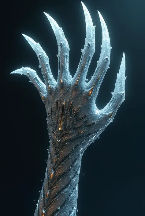 claw glove, Metal,Silver, crystal claw, with gems, long clows, very long fingers, extra long claws, long blades on fingers, fantasy, Amazing、8 k、Amazing、最 high quality、 very detailed 、 computer graphics 、 high quality、particle effects、 dynamic effects 、dep...