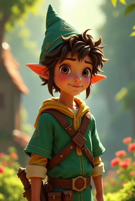 A 14-year-old boy with a slightly lighter skin than mixed race, with curly brown hair, brown eyes, with an elf hat in an animated style like in Zelda. 