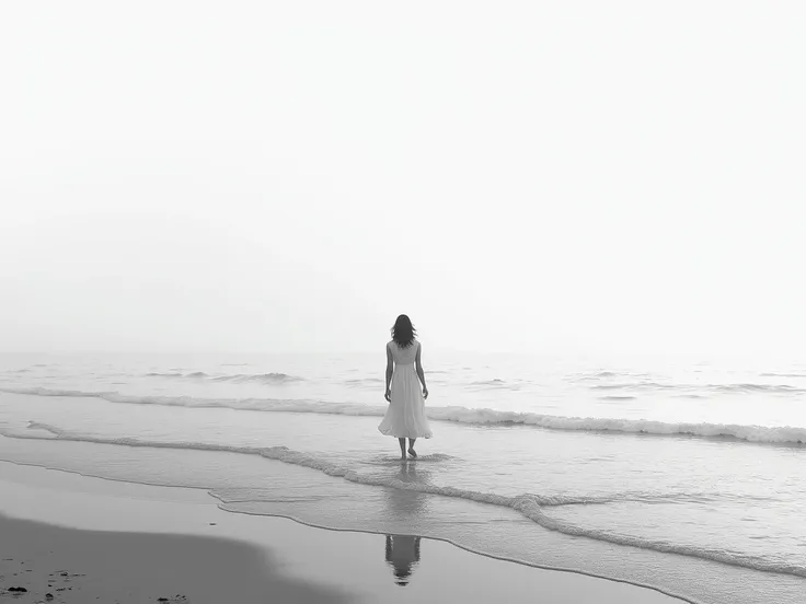  I want a picture of the ocean and someone walking in a white dress, Let it look just above the ankles just ,  in black and white all 