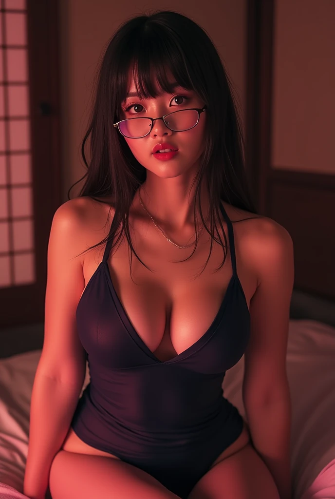 Chinese Idol　Mature Woman　50 talents　Huge 　((Wet navy blue school swimsuit.))　(Rimless glasses)　Chunli　((Plump and chubby))　((Blonde with bangs))　((Japanese-style room with dark tatami mats at night))　Sweaty　((Sweat pours down))　((My face and body are swea...