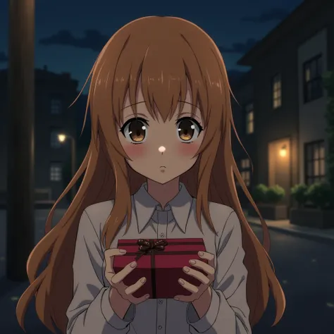 Taiga Aisaka from ToraDora! shyly hands over chocolate (night)