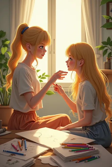 Put an  blond  with tied hair ,  down extending her hand to a  blond haired  who is surrounded by paper and colored pencils