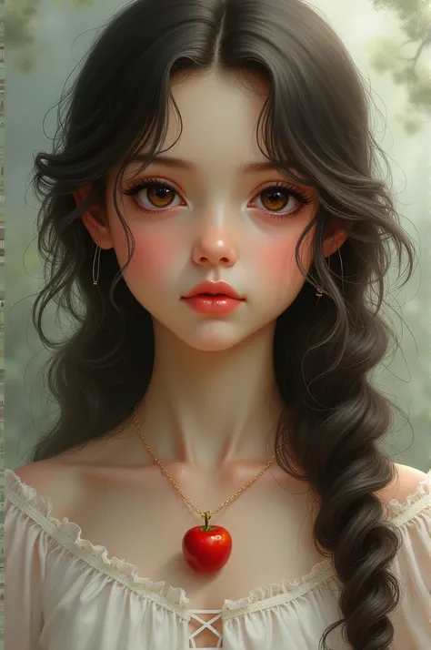  A girl with long hair with waves and black,  brown eyes, with a red apple necklace  