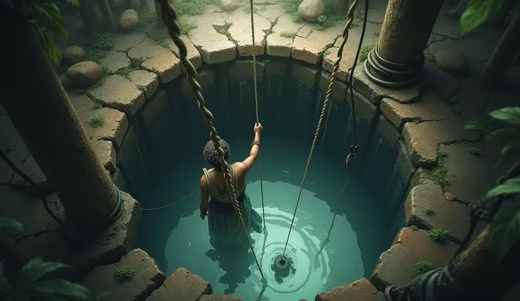 Ali is putting the rope into the well, and there is a glimpse of a shadow under the water.
