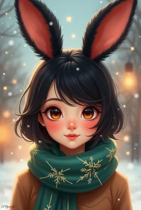 A cute girl with black rabbit ears and a Christmas scarf around her neck