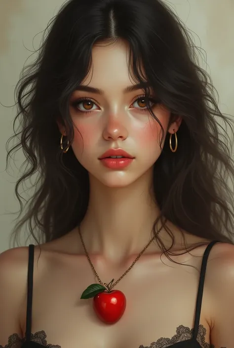  A girl with long hair with waves and black,  brown eyes, With a red apple necklace about  