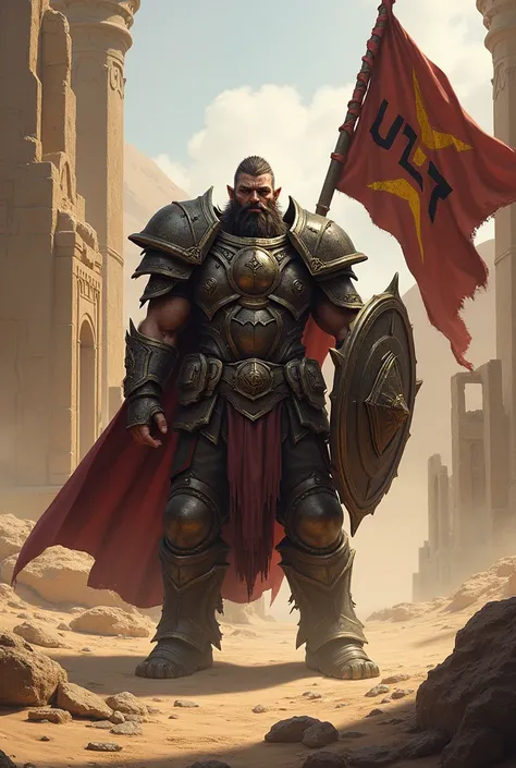 Raynor hero with armor, in a fuzzy and bestial style, with a shield and a flag with word ULT, surrounded by ruins and desert, realistic 