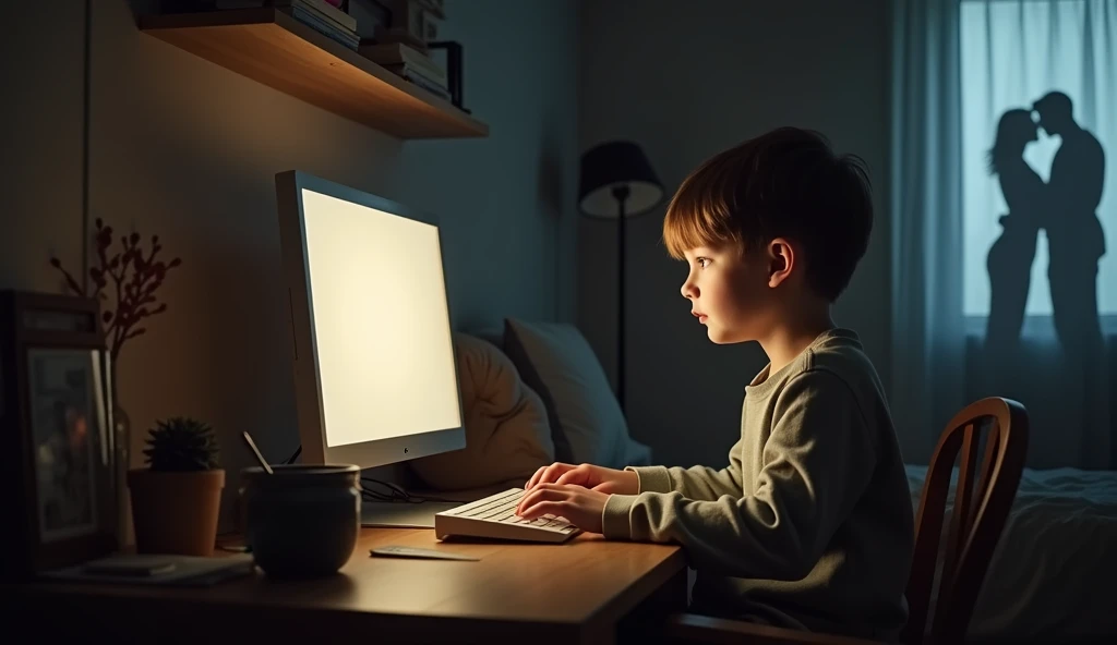  A scene in which a young boy is sitting in front of a computer in a cozy environment ,  with soft lighting coming from the computer screen . The boy is focused ,  with an attentive and focused look at the screen .  Your posture is relaxed ,  but still att...