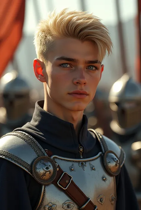 Extremely handsome eighteen-year-old boy with blond hair and blue eyes Medieval Commander 