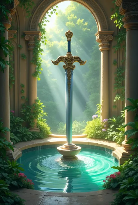 Internal garden with water fountain and the Master Sword in the middle