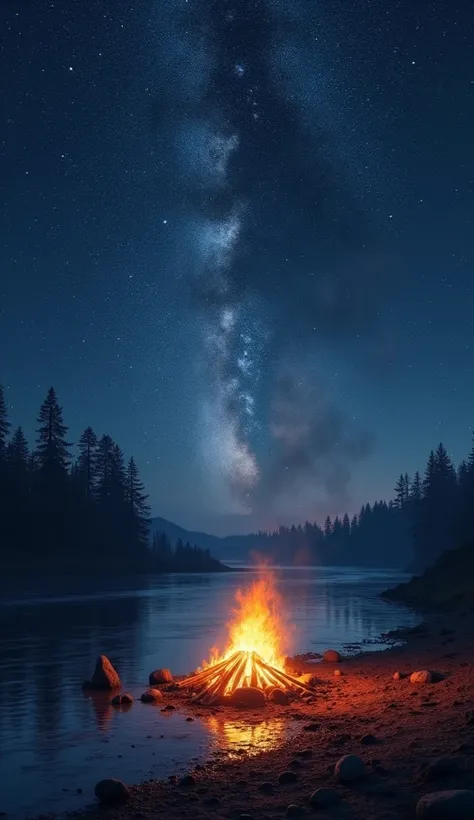 a beautiful bonfire in front of a ,  river with an infinite starry sky in the background