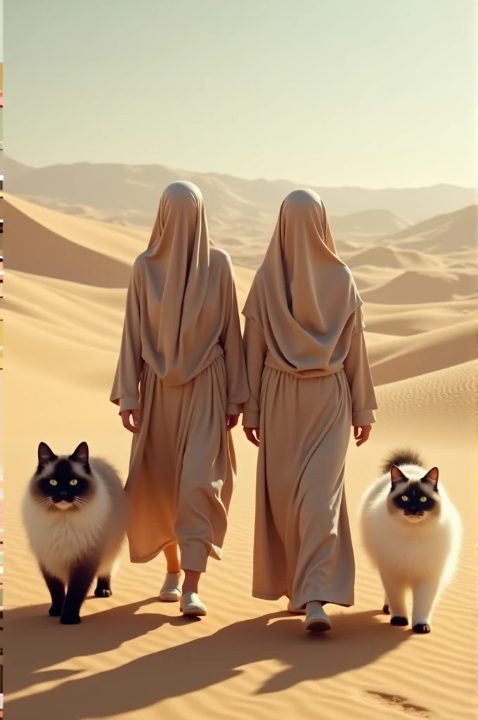 Women in hijab walk alongside Persian Himalayan cats big black nose black ears white fur in the desert 