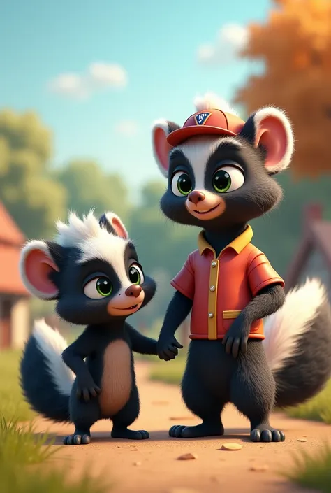 I want a picture, Animated or cartoon style, Of three skunks , The one on the right has a jockey ,  the other two are hand in hand,
