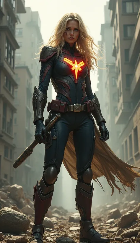 A blonde female superhero, battered but resolute, standing tall amidst ruins. Her torn costume and bruised face reflect the toll of battle, but her glowing emblem reignites, symbolizing her inner strength. She holds a shattered weapon in one hand, staring ...