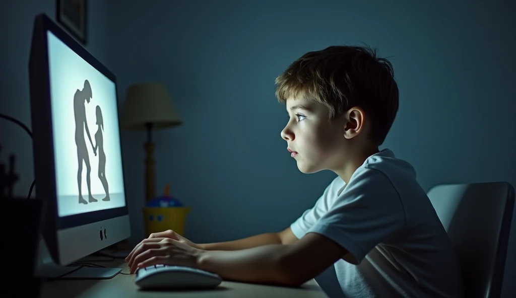  A scene in which a young boy is sitting in front of a computer in a cozy environment ,  with soft lighting coming from the computer screen . The boy is focused ,  with an attentive and focused look at the screen .  Your posture is relaxed ,  but still att...