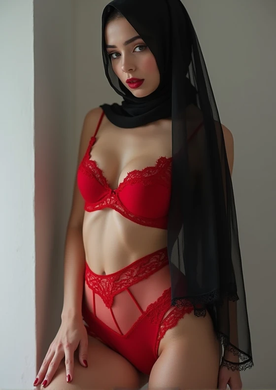  (Student hijabi girl( veiled girl wearing visible lace red panties and lace red bra)(It is very important to have a super realistic photo.)((beautiful
hijabi turkish girl (red lips,jet black hair, eyebrows and black
eyelashes, pitch black iris and snow wh...