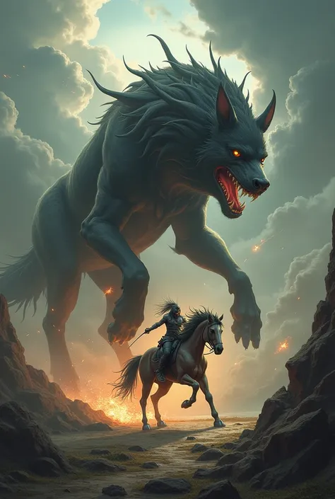 A man with a horses head fighting with a giant dog with 6 legs 