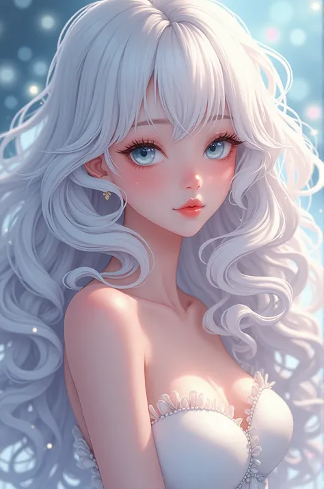 Anime girl, White long curly hairy