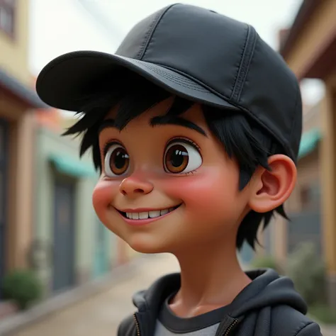 Create me an image of a happy Argentinian boy with a realistic black gamer cap looking to the left