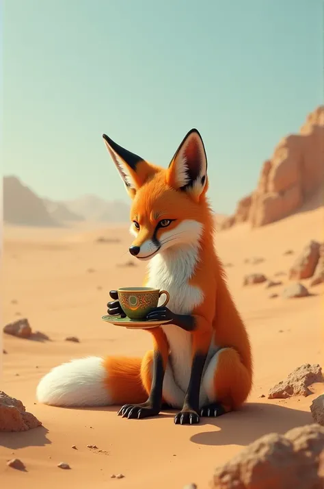 An Arabic fox drinking Arabic coffee and sitting in the desert 