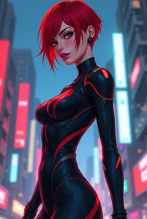 Woman with short red hair with slim bodies and posing as models wearing Cyberpunk clothes in 2D anime style 