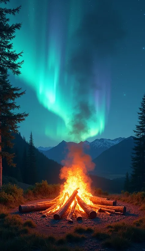 a beautiful bonfire surrounded by nature under an infinite sky with Aurora Bureau