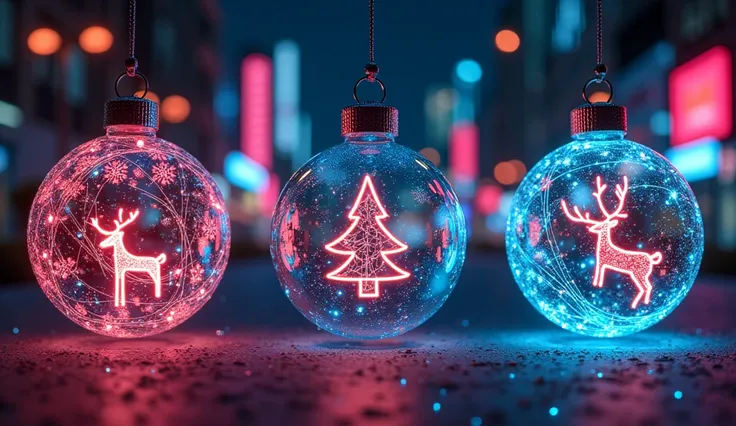 Cyberpunk-style Christmas ornaments designed with glowing neon graffiti patterns, abstract street art shapes, and a mix of traditional holiday symbols. The scene is set in a futuristic urban landscape with glowing signs and digital graffiti.
