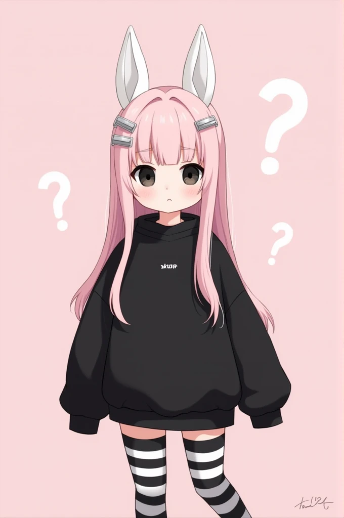   An anime girl with long hair ,  straight and pastel pink ,  with front bangs and two silver brooches on the sides .  animal-style white ,  similar to those of a rabbit or dog ,  that stick out of the head .  The face is minimalist ,  with a simple design...