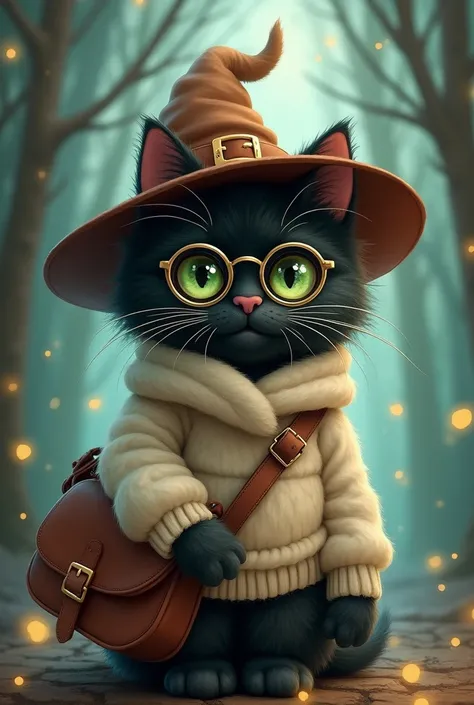 A fluffy black cat wearing a witch hat, gold round glasses, and an ivory sweater. She has a brown messenger bag on her shoulder and light green eyes. 