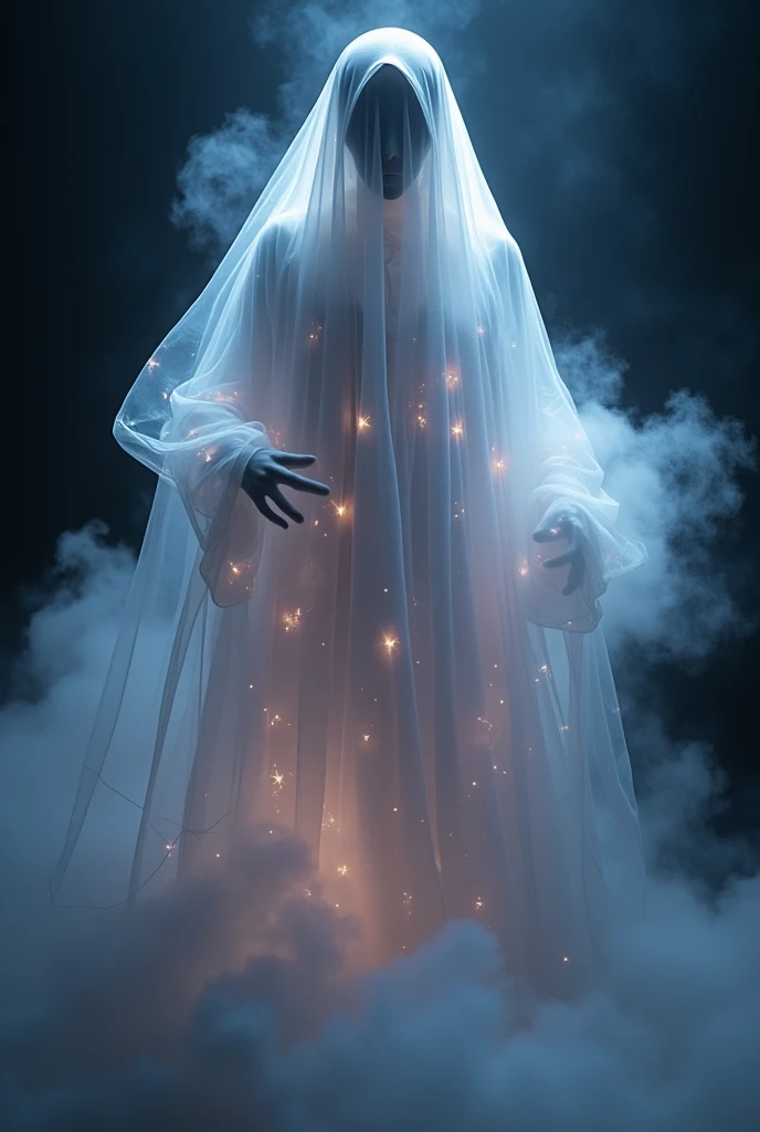 A spectral ghost with a glowing, shiny white veil made of cosmic smoke. The veil swirls gently with patterns resembling nebulae, emitting a faint, otherworldly glow in shades of white, silver, and faint purples. The ghost appears ethereal and mysterious, f...