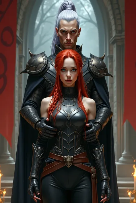  Create a beautiful red-haired woman , Light blue eyes,  beautiful and delicate face ,  long hair tied in a single braid ,  that wears a leather combat outfit with dagger holders .  Let this stand in front .  Behind it put a beautiful prince of hell holdin...