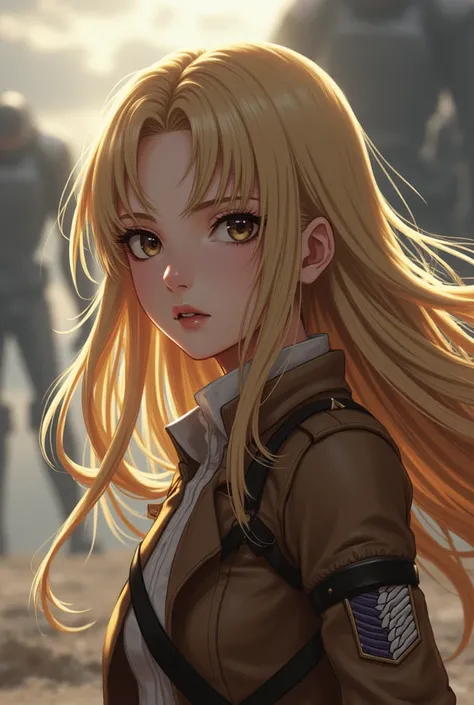 A girl from the anime Attack of the Titans who has long blond hair 