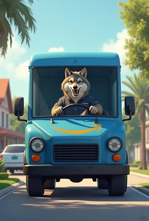 Wolf driving a blue Amazon van