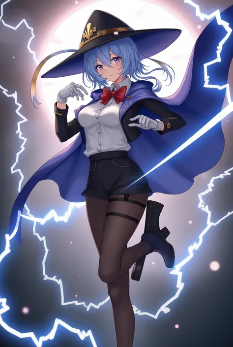 score_9, score_8_above, score_7_above, , 1 , clorinde (Genshin Impact), three-cornered hat,  black pantyhose, toys, Blue cape,  white gloves, pencil skirt, white shirt, Thigh strap ,  below the bust , tissue, foldable boots ,  black jacket ,  depth of fiel...