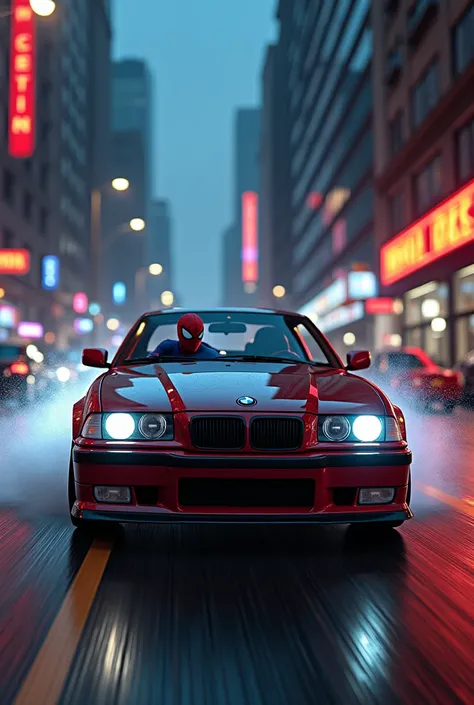 Spiderman driving bmw e36, night