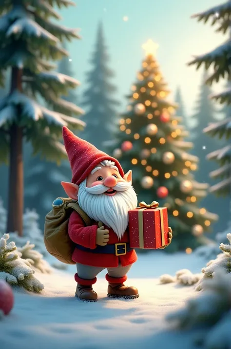 A good gnome with a Christmas toy in his hands in the forest against the background of an elegant Christmas tree